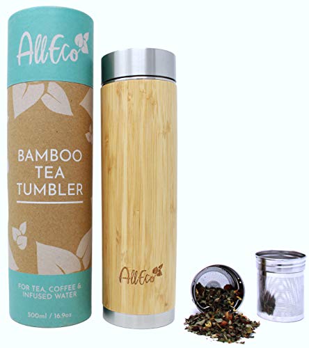 AllEco® Teeflasche mit Sieb to go 500ml Bambus Edelstahl doppelwandig | Teebereiter, Teebecher, Teekanne ideal als Tee Geschenkset | nachhaltig, wiederverwendbar & umweltfreundlich von AllEco