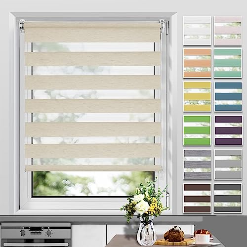 Allesin Doppelrollo Klemmfix Rollos ohne Bohren & mit Bohren (45×130cm, Leinen) Klemmrollo Zebrarollo Fensterrollo lichtdurchlässig und verdunkelnd, Sonnenschutz und Sichtschutz von Allesin