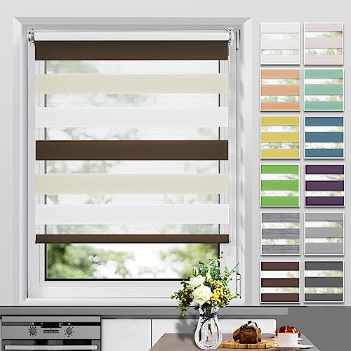 Allesin Doppelrollo Klemmfix ohne Bohren & mit Bohren, (50x130cm Weiß-Beige-Braun), Duo Rollos für Fenster und Tür, Klemmrollo Fensterrollo lichtdurchlässig, Sichtschutz und Sonnenschutz von Allesin