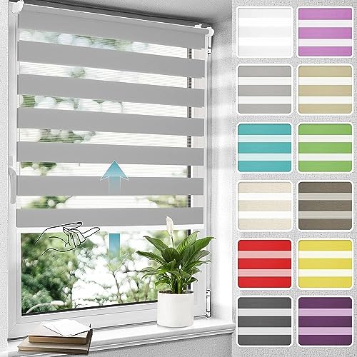 Allesin Doppelrollo schnurlos Klemmfix ohne Bohren Duo Rollos für Fenster & Tür, 70x130cm (BxH) Grau, Drücken Und Ziehen Springrollos Klemmrollo ohne Schnur lichtdurchlässig & Blickdicht von Allesin