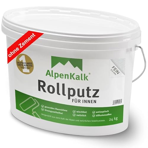 AlpenKalk® Rollputz Fein | 0,5mm Körnung | Ideal für Heimwerker | Atmungsaktiv & Luftreinigend | UMWELTFREUNDLICH | 24 kg für ca. 65 m² von AlpenKalk
