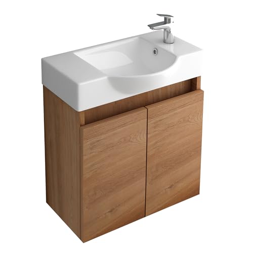 Alpenberger Waschtisch mit Unterschrank 55 cm Breit | Waschbecken mit Unterschrank Bad Möbel Modern Set Bamboo | Kleines Waschbecken Gäste WC Möbel | Waschbeckenunterschrank Badezimmermöbel von Alpenberger Germany