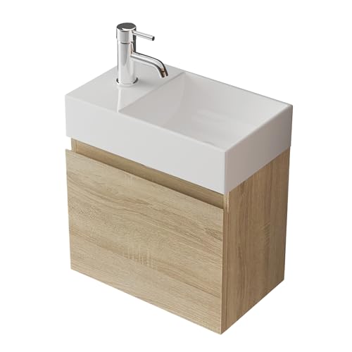 Alpenberger Gäste WC Waschbecken mit Unterschrank 45 cm Breit | Waschtisch Set Klein | Aufsatzwaschbecken Waschtischunterschrank Hängend | Bademöbel-Set | Waschbeckenunterschrank Eiche Hell von Alpenberger Germany