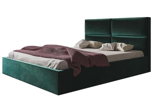 AlpiMeble Polsterbett LIZBONA Slim mit Kopfteil, 120 x 200 cm, Doppelbett mit Bettkasten und Lattenrost aus Holz, Farbe: Grün, Velourestoff von AlpiMeble