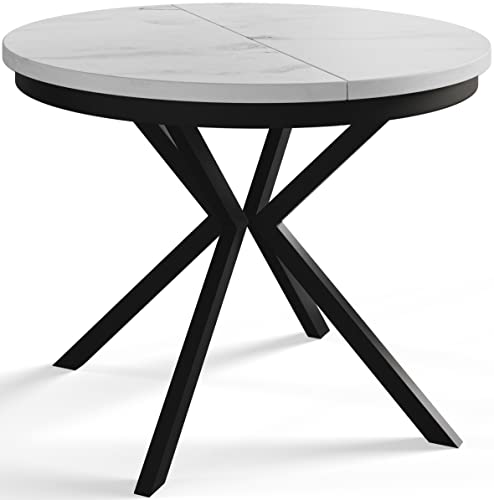 AlpiMeble Runder Esszimmertisch BERGO, ausziehbarer Tisch Durchmesser: 100 cm/180 cm, Wohnzimmertisch Farbe: Marmur, mit Metallbeinen in Farbe Schwarz von AlpiMeble
