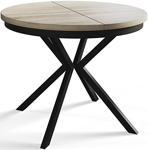 AlpiMeble Runder Esszimmertisch BERGO, ausziehbarer Tisch Durchmesser: 120 cm/200 cm, Wohnzimmertisch Farbe: Beige, mit Metallbeinen in Farbe Schwarz von AlpiMeble