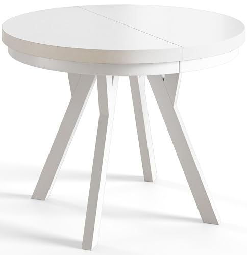 AlpiMeble Runder Esszimmertisch EVO, ausziehbarer Tisch Durchmesser: 90 cm bis 190 cm, Wohnzimmertisch Farbe: Weiß, mit Holzbeinen in Farbe Weiß von AlpiMeble