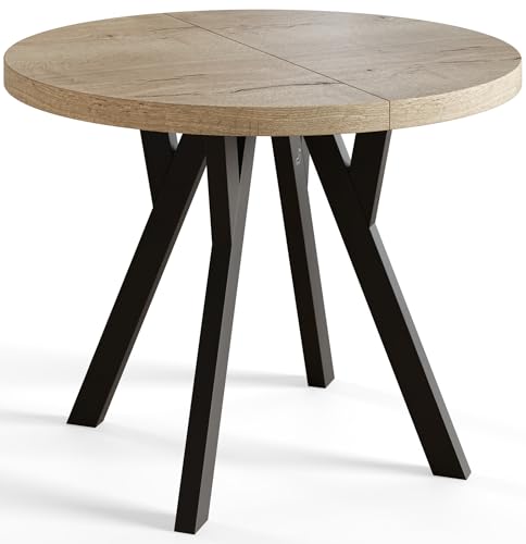 AlpiMeble Runder Esszimmertisch OVO, ausziehbarer Tisch Durchmesser: 90 cm bis 190 cm, Wohnzimmertisch Farbe: Halifax, mit Holzbeinen in Farbe Schwarz von AlpiMeble