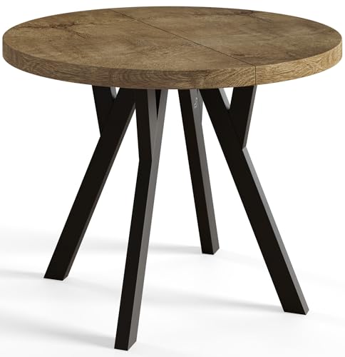 AlpiMeble Runder Esszimmertisch OVO, ausziehbarer Tisch Durchmesser: 90 cm bis 190 cm, Wohnzimmertisch Farbe: LEFAKS, mit Holzbeinen in Farbe Schwarz von AlpiMeble