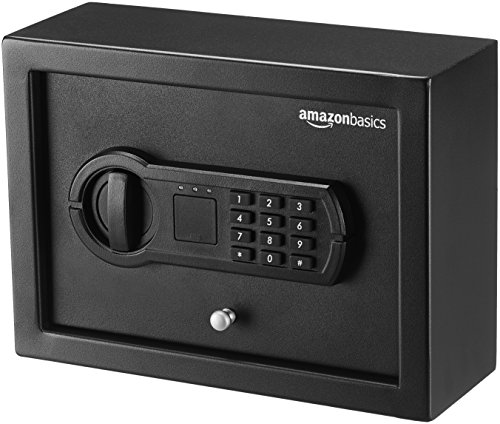 Amazon Basics – Safe, klein, schlank, für Schreibtischschublade, mit programmierbarem elektronisch Tastenfeld, schwarz, 30 cm B x 21.8 cm T x 11.2 cm H von Amazon Basics