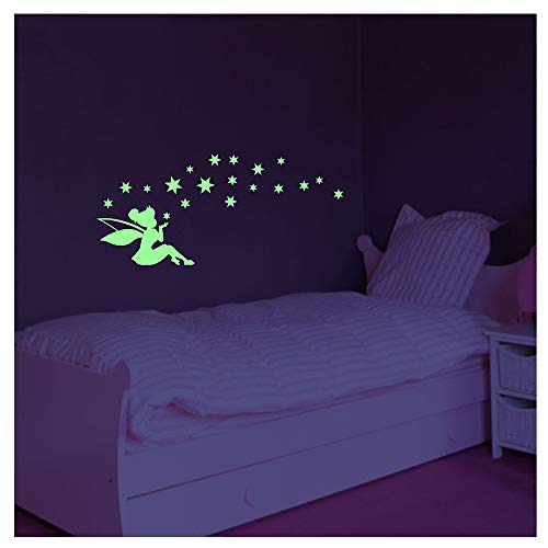 Fluoreszierende Aufkleber | Leuchtsticker Fee und Sterne | Wanddeko fluoreszierend | 30 x 55 cm von Ambiance Sticker