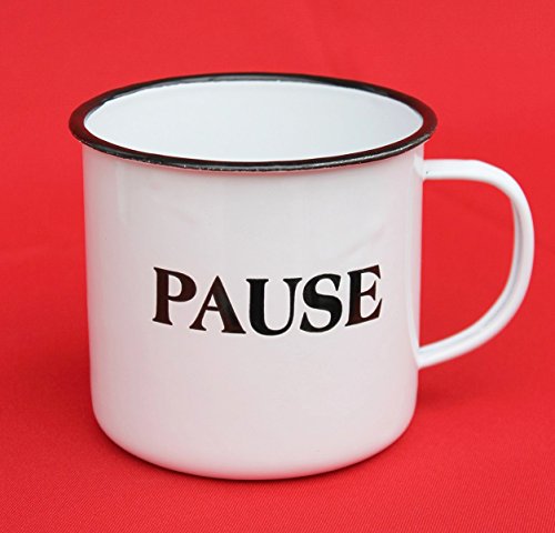 Tasse Becher Emailletasse Kaffeetasse Teetasse Emaille weiß Nostalgie 'PAUSE' von Ambiente Haus