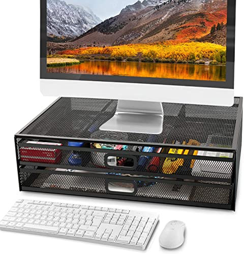 Ameco Monitor Stand Desk Organizer mit zwei Schubladen Elegante Loft-Stil Ordnung halten Büro Home Metallgitter Schwarz Abmessungen 400x300x120 m von Ameco