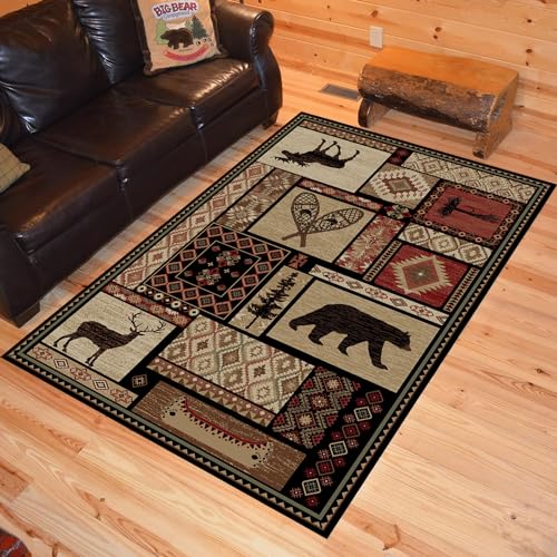 Wildlife Black Bear Area Teppich, 150 x 210 cm, Braun Natur Ahornblatt Elch Hütte Schlafzimmer Teppich, Vintage Stil Wald Geometrisches Plaid Design Wohnzimmer Großer Teppich für Eingang, Wohnzimmer von AnYtoy