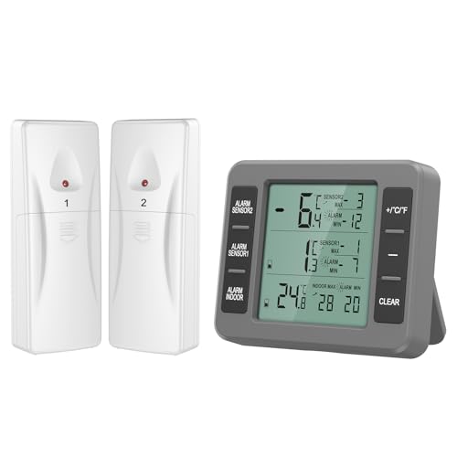 Ankilo Kühlschrank Thermometer, Upgrade Digital Thermometer mit 2 Sensor,Gefrierschrank Thermometer Wireless mit LCD-Display,Temperatur Alarm,Temperatur Tester für Haus Grau von Ankilo