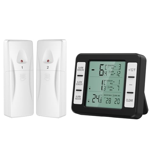 Ankilo Kühlschrank Thermometer, Upgrade Digital Thermometer mit 2 Sensor,Gefrierschrank Thermometer Wireless mit LCD-Display,Temperatur Alarm,Temperatur Tester für Haus Schwarz von Ankilo