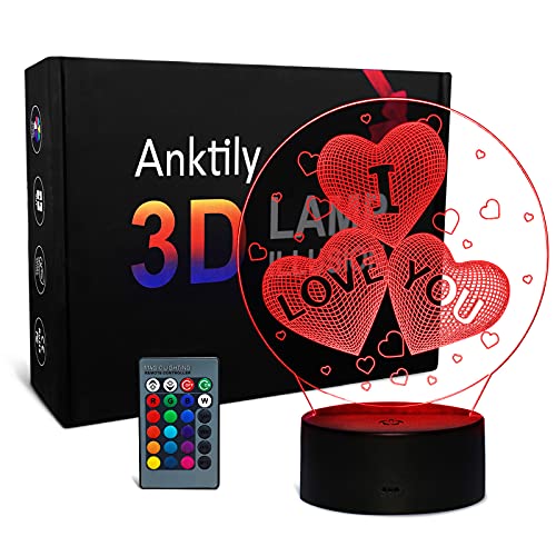 3D Nachtlicht für Mädchen, Ich Liebe Dich 3D Illusion Lampe,Geschenke für Kinder Männer Frauen, 16 Farben mit Fernbedienung,Geburtstag Geschenk von Anktily