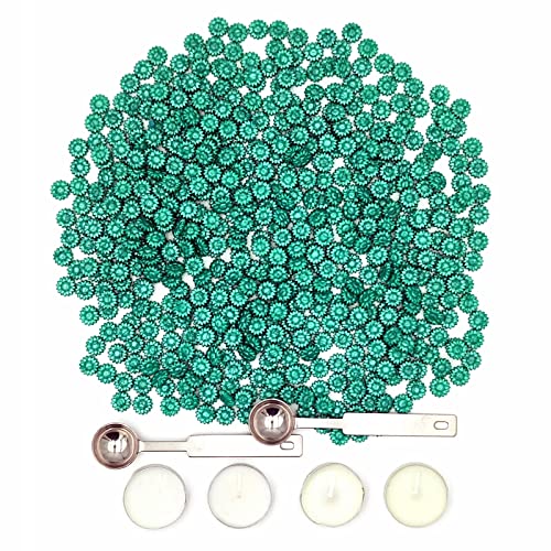 600 Stück Sonnenblume Siegelwachs Perlen Set Wachssiegelperlen mit 2 Schmelzlöffel und 4 Teelichtkerzen für Wachsstempel, Buchstabensiegel (Smaragdgrün) von Anktily