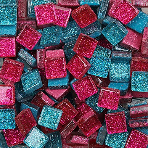 Bunte Glasmosaikfliesen,Bulk-Quadrat Mosaiksteine Glitzerkristall Glasstücke,Glasfliesen Glassteine für Basteln, Haus Deko, 200g, 1 x 1 cm(Himbeere) von Anktily