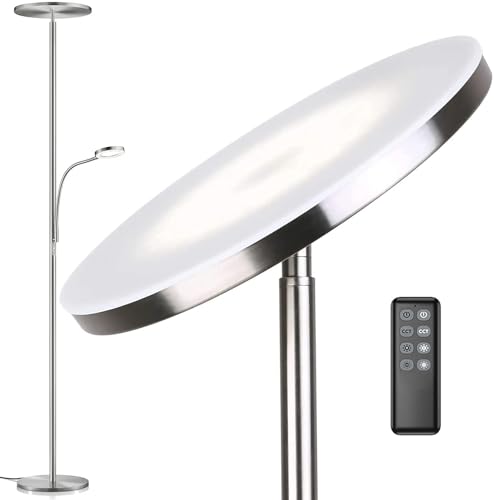 Anten Deckenfluter mit Leselampe Nickel matt | 35W Dimmbare Led Stehlampe mit Fernbedienung | Stehlampe Leselampe 4 Lichtfarbe, Helligkeit stufenlos einstellbar, Helle Stehlampen für Wohnzimmer Büro von Anten