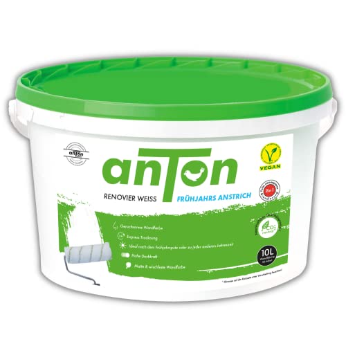 Anton Renovierweiß 10L | weiß | hohe Deckkraft | Expresstrocknung | für die perfekte Verteilung | für raue und glatte Untergründe | 50-60m² | natürlich vegan (10 Liters) von Anton Weiss