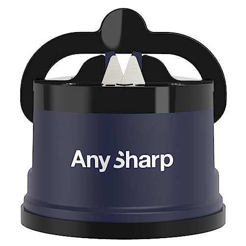 AnySharp Messerschärfer, Freihändige Sicherheit, PowerGrip Saugnapf, Sicheres Schärfen aller Küchenmesser, Ideal für gehärteten Stahl & Wellenschliff, Weltbeste Qualität, Kompakt, Marineblau von AnySharp