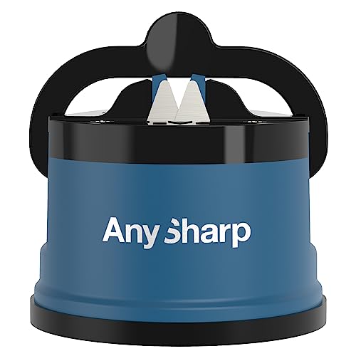 AnySharp Messerschärfer, Freihändige Sicherheit, PowerGrip Saugnapf, Sicheres Schärfen aller Küchenmesser, Ideal für gehärteten Stahl & Wellenschliff, Weltbeste Qualität, Kompakt, Blau von AnySharp