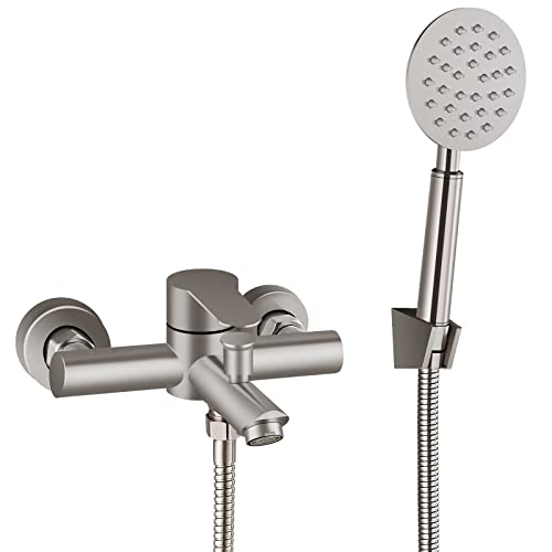 Aolemi Gebürstetes Nickel Badewanne Wasserhahn Wandhalterung Nur Wannenfüller mit Handbrause 15,2 cm Mitte Einhandgriff Duscharmaturen SUS304 Edelstahl für Badezimmer von Aolemi