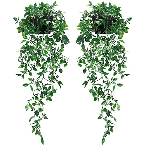 Aoreun Künstliche Hängepflanzen, 2 Stück Künstliche Pflanzen Rebe, Künstliche Pflanzen Hängend mit Töpfen, 85 cm kunstpflanze hängend Grünpflanzen Plastikpflanzen für Home Hängekorb Wanddekoration von Aoreun