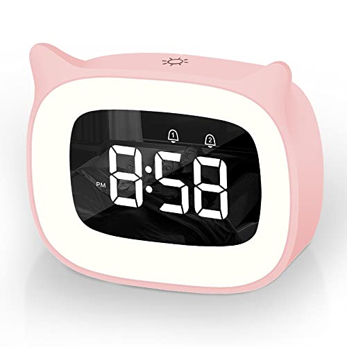 Aoreun Wecker Digital Kinder, Dual-Wecker mit licht Digital, Cute Katzen Kinderwecker Nachttischlampe Snooze Funktion 18 Musik 5 Helligkeitsmodus, zeitgesteuertes Nachtlicht wecker - Rosa von Aoreun