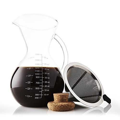 SultryBrew Pour Over Kaffeebereiter inkl. Kaffeeschaufel und Korkdeckel von Apace Living – Eleganter Handfilter für Filterkaffee mit Glaskaraffe & Permanentfilter aus Edelstahl (1500 ML) von Apace Living