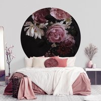 Runde Tapete Selbstklebend - Rosa Blumen Auf Schwarz Vintage | Schlafzimmer Fototapete Floral von ApalisHOME
