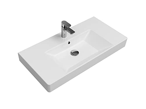 Aqua Bagno | Universal Waschbecken mit Ablage, modernes Keramikwaschbecken in Weiß, hängendes Waschbecken 90 cm breit von Aqua Bagno