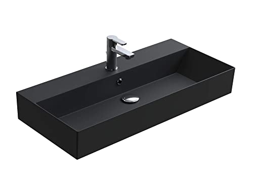 Aqua Bagno | Eckiges Design Waschbecken mit dünnem Rand, Trendfarbe schwarz matt, hochwertige Keramik | 90 x 42 cm von Aqua Bagno