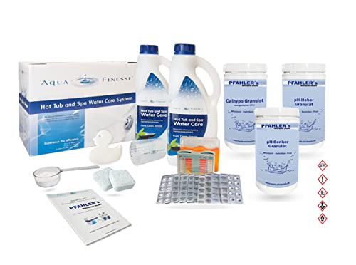 AquaFinesse Whirlpool Wasserpflege Set, inkl. Calhypo-Chlor, pH Senker, pH Heber, Pooltester mit Testtabletten, FilterClean-Tabletten,Scum Bug absorbierender Schwamm von AquaFinesse