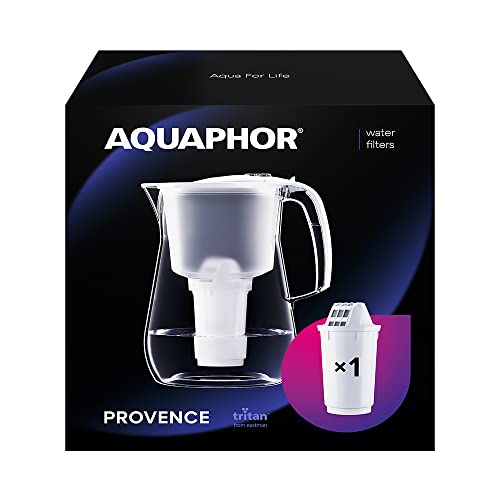 AQUAPHOR Wasserfilter Provence Weiß inkl. 1 A5 Filter I Karaffe für 4,2l I Großer WasserfiIter in Glasoptik I Reduziert Kalk & Chlor I Tischwasserfilter I Stylischer Behälter I Perfekt für die Familie von AQUAPHOR