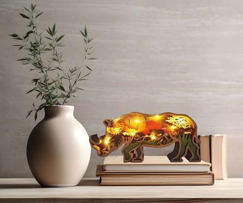 Dekorative LED-Nachtlicht aus Holz 3D in Tierform Nashorn | Deko Nachttisch Schreibtisch Kinder Schlafzimmer | originelle Geschenkidee zu Hause Geburtstag Weihnachten (Rinoceron) von Arcadia