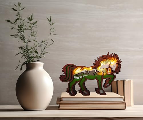 Dekorative LED-Nachtlicht aus Holz 3D in Tierform Pferd | Deko Nachttisch Bücherregal Schreibtisch Kinder Schlafzimmer | originelle Geschenkidee zu Hause Geburtstag Weihnachten (Pferd) von Arcadia