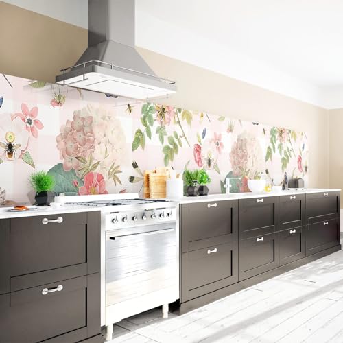 Arcondo Küchenrückwand Spritzschutz Selbstklebend mit Motiv Insekten und Blumen auf Karomuster Folie Premium Glanz 300 x 70 cm von Arcondo