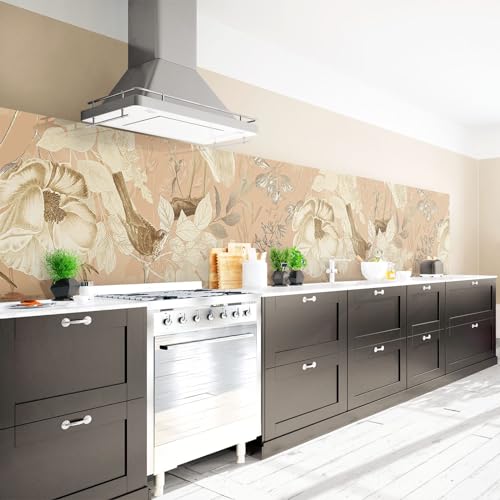 Arcondo Küchenrückwand Spritzschutz Selbstklebend mit Motiv Reiher und Blüten auf Braun Folie Eco Glanz 250 x 50 cm von Arcondo