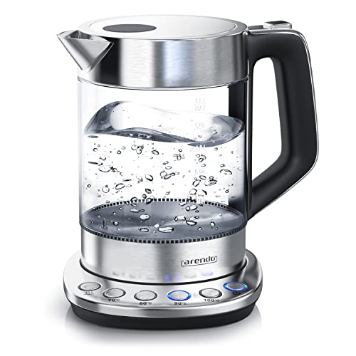 Arendo - Glas Wasserkocher mit Temperatureinstellung - Warmhaltefunktion 30min - 1,5 Liter Füllmenge - Borosilikatglas - Basisstation aus Edelstahl - Modernes Design von Arendo