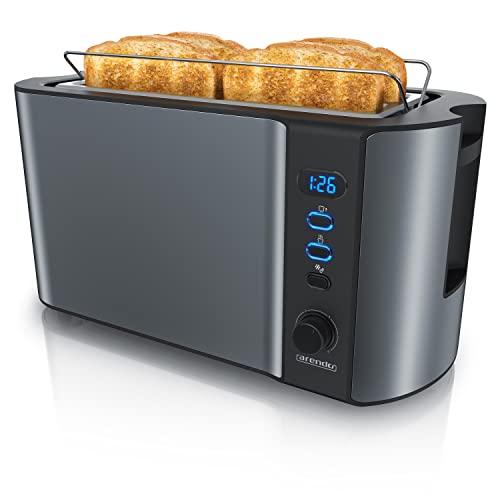 Arendo - Edelstahl Toaster Langschlitz 4 Scheiben, Defrost, wärmeisolierendes Gehäuse, mit integriertem Brötchenaufsatz, 1500W, Krümelschublade, Display, Cool Grey von Arendo