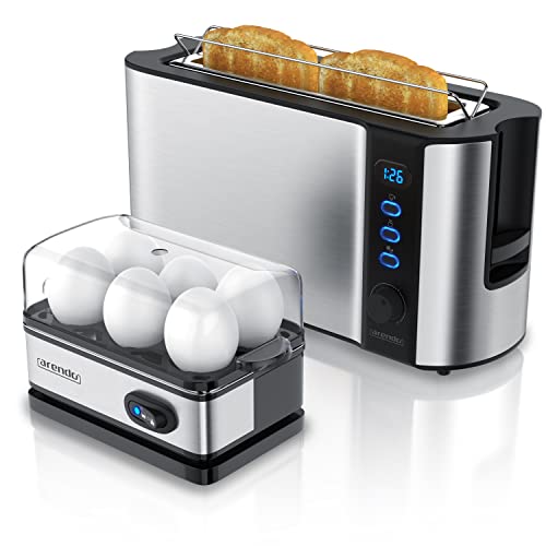 Arendo - SET Toaster FRUKOST mit Eierkocher SIXCOOK Edelstahl Silber, Toaster 2 Scheiben, LED-Display, 6 Bräunungsgrade, Brötchenhalter - Eierkocher 1-6 Eier, Messbecher von Arendo