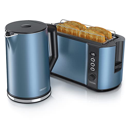 Arendo - Wasserkocher mit Toaster SET Edelstahl Blau, Wasserkocher 1,5L, 40° - 100°C Warmhaltefunktion Toaster 4 Scheiben LED-Display 6 Bräunungsgrade Brötchaufsatz von Arendo