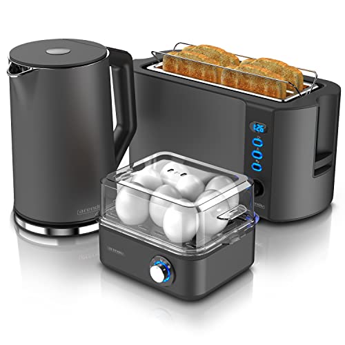 Arendo - Wasserkocher mit Toaster SET und Eierkocher, Edelstahl Cool Grey, Wasserkocher 1,5L 40° - 100°C, Toaster 4 Scheiben LED-Display 6 Bräunungsgrade Eierkocher 1-8 Eier Messbecher von Arendo
