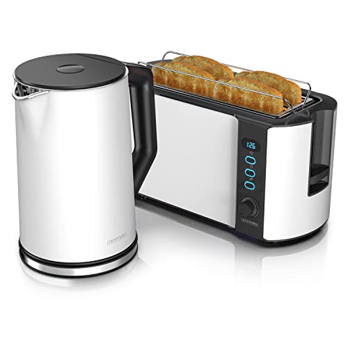 Arendo - Wasserkocher mit Toaster Set Edelstahl Weiß matt, Wasserkocher 1,5L 40° - 100° Warmhaltefunktion Toaster 4 Scheiben LED-Display 6 Bräunungsgrade Brötchaufsatz von Arendo