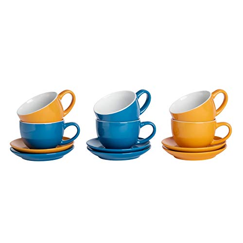 Argon Tableware 12 Stück Farbige Cappuccino Tasse und Untertasse Set - Modern Style Porzellan-Tee-und Kaffeetassen - Blau + Gelb - 250ml von Argon Tableware