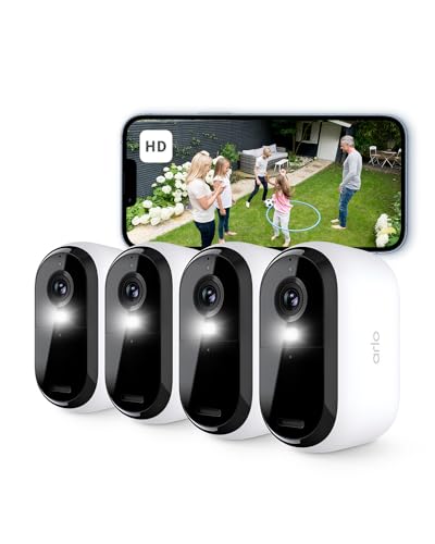 Arlo Essential 2 HD Akku Überwachungskamera Aussen WLAN, Kabellos, 1080p Video, Farbnachtsicht, Licht, Bewegungsmelder, Sirene, 2-Wege Audio, Smart Home + Arlo Secure Plan Testzeitraum, 4er Set von Arlo