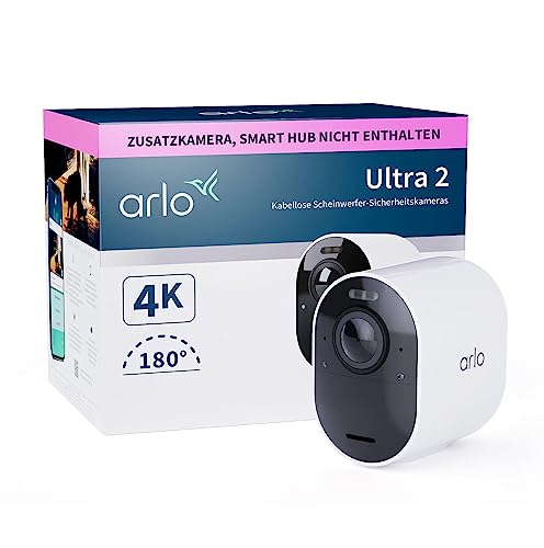 Arlo Ultra 2 Überwachungskamera Aussen WLAN, Kabellos, 4K UHD Qualitätsprodukt, 180° Sichtfeld, Spotlight, Farb-Nachtsicht, Bewegungsmelder, Alarm Sirene, Zusatzkamera mit Akku, SmartHub Benötigt von Arlo