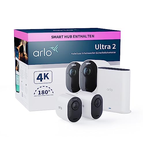 Arlo Ultra 2 Überwachungskamera Aussen WLAN, Kabellos, 2er Set, 4K UHD Qualitätsprodukt, 180° Sichtfeld, Spotlight, Farb-Nachtsicht, Bewegungsmelder, Alarm Sirene + mit Arlo Secure Testzeitraum von Arlo
